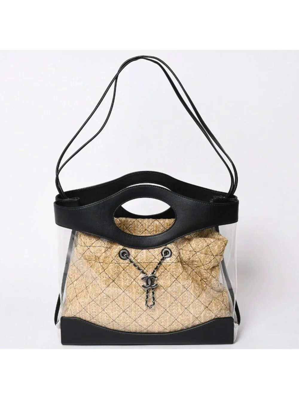 Chanel 2-Way Shoulder Bag CC Logo Vinyl Linen Lambskin Black Silver
